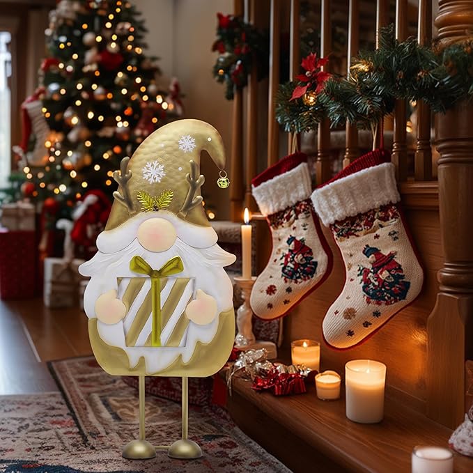 TERESA'S COLLECTIONS Gnome Christmas Decorations,Metal Gold White Santa Holding Gifts,Christmas Gnome Statue for Garden Indoor Outdoor,Decorative Yard Art Sign for Lawn Xmas New Year Winter Decor,24"