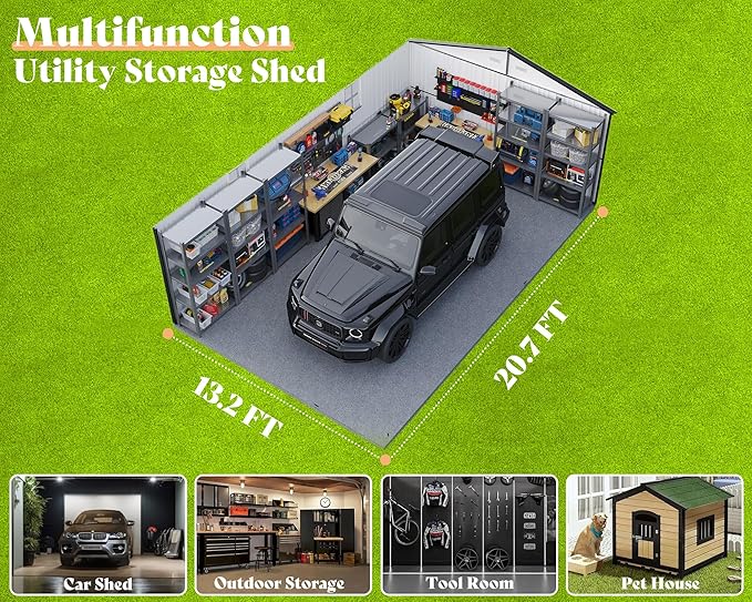 AMERLIFE 13x21x8 FT Heavy Duty Metal Garage Shed, Extra Large Outdoor Storage Shed with Double Hinged Doors, 4 Windows, Carport for Car, Truck, Bicycle and Garden Equipment, Dark Gray