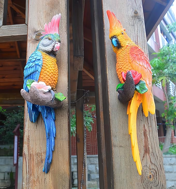 Statue Bird,Garden Decorations Bird Figurine,Resin Bird,Bird Statue Real Parrot Figurine,Flapping Macaw Bird Tropical Decor Wall Sculpture, Polyresin, Orange Color