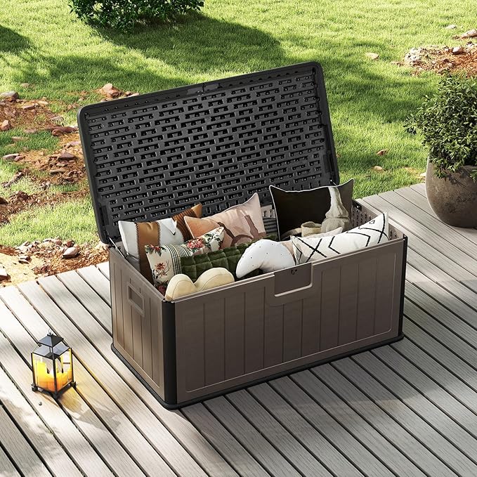 HAPPYGRILL Outdoor Storage Deck Box with Lockable Design & Gas Strut, Handle, 100 Gallon HDPE Patio Storage Organizer for Lawn Backyard Poolside (Black Brown)