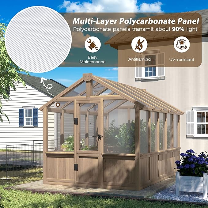 BlueWish 6x10FT Greenhouse, Greenhouses for Outside with Cedar Frame, Wood Greenhouse with Adjustable Vent, 6MM Polycarbonate Panel, Green House for Outside, Garden, Backyard