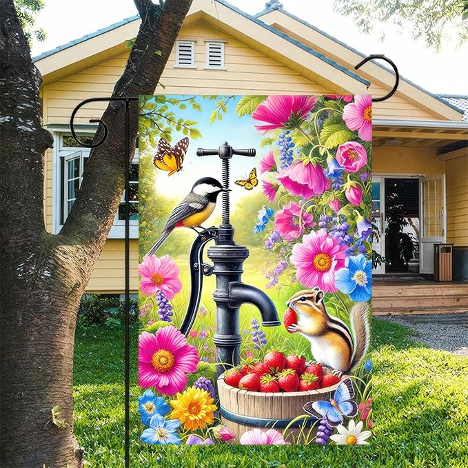 Spring Garden Flag 12x18 Inch Double-Sided Yard Decoration Featuring Colorful Pump Flowers Birds Chipmunk for Outdoor Spring Summer Garden Yard Decor