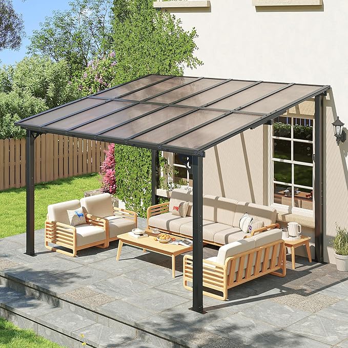 10x12FT Lean to Gazebo, Hardtop Metal Pergola with Polycarbonate Roof, Large Wall Mounted Heavy Duty Awnings, Patio Canopy for Backyard, Deck, Porch