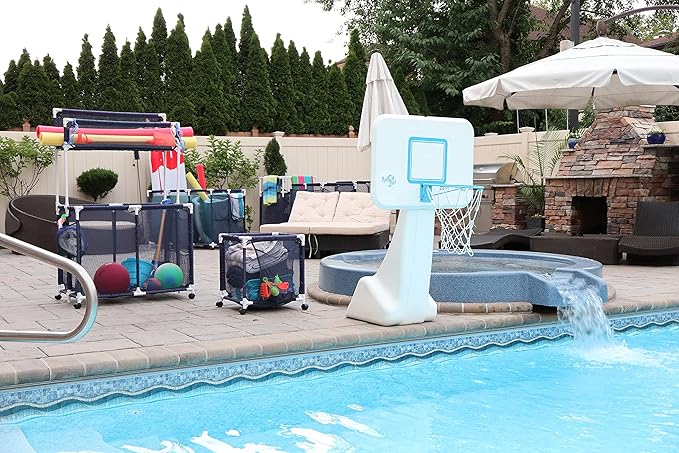 Essentially Yours Rolling Pool Storage Organizer Bin, Medium, (25.4" W x 25.4" L x 40" H), Blue / White Style 417227