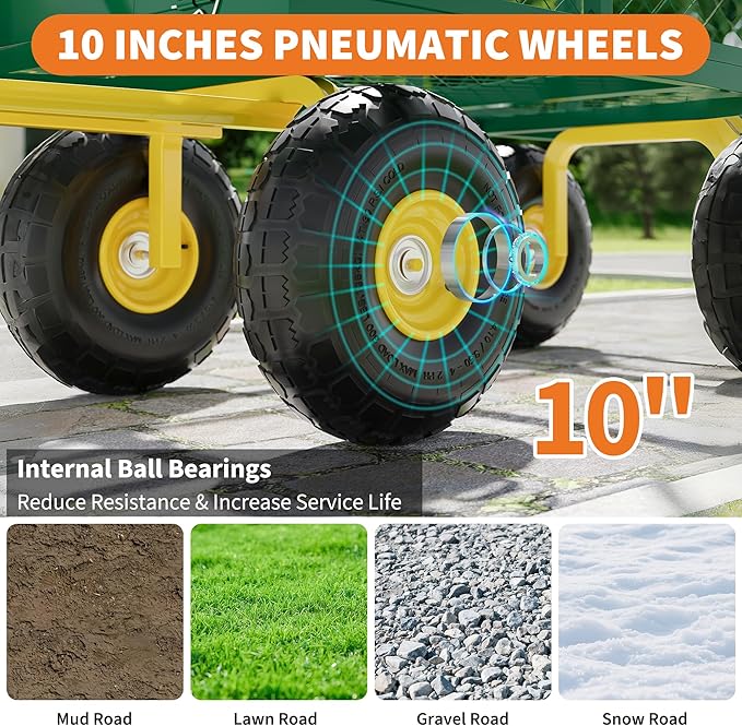 500 Lbs Garden Wagon, 2-in-1 Heavy-Duty Steel Garden Cart, with 10 Inch All-Terrain Tires and Removable Mesh Side Panels, 180° Rotating Handle, Metal Utility Yard Trailer, Outdoor Gardens Wagon Cart