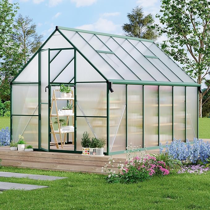 8X14 ft Polycarbonate Greenhouse with Aluminum Frame, Polycarbonate Greenhouse for Outdoors, Greenhouses with Ventilation and Rain Gutter, Aluminum Large Walk-in Greenhouses for Outside