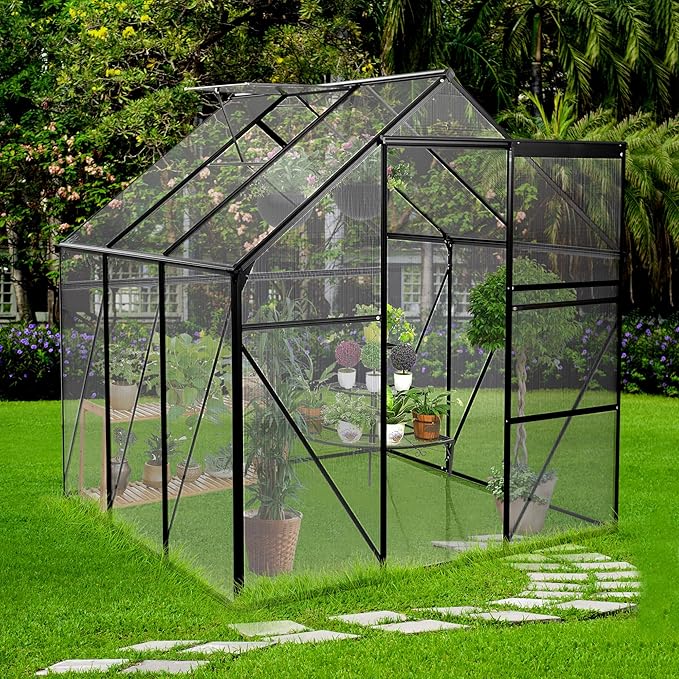 Favfurish 6x6 FT Polycarbonate Walk-in Greenhouse, All Season Garden Green Houses, Aluminum Hot House w/ Raised Base, Adjustable Vent Roof & Sliding Door for Outdoor Backyard, Black
