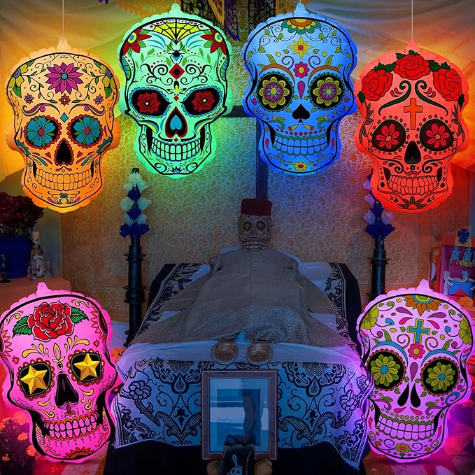 Jetec 6 Pcs 24 Inch Halloween Inflatable Sugar Skull Halloween Inflatable Blow Up Decorations Dia De Los Muertos Day of The Dead PVC Giant Sugar Skulls with LED Light for Mexican Fiesta Party Yard