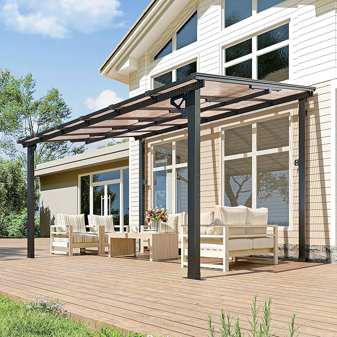 10x12FT Lean to Gazebo, Hardtop Metal Pergola with Polycarbonate Roof, Large Wall Mounted Heavy Duty Awnings, Patio Canopy for Backyard, Deck, Porch