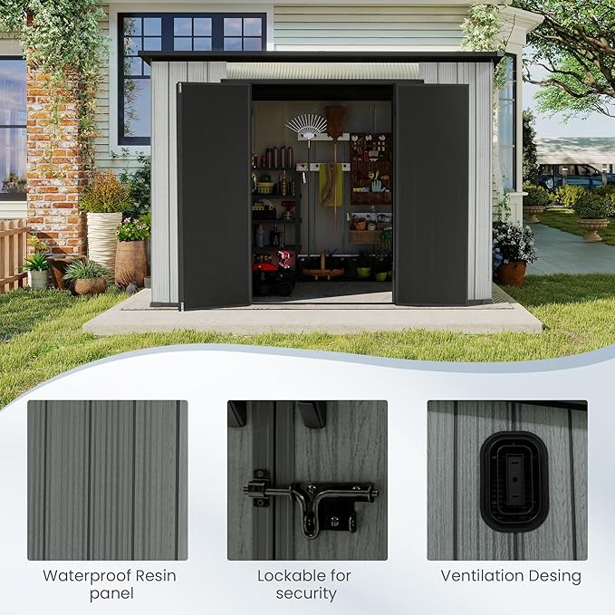 Domi 6.2x9.3 FT Outdoor Resin Storage Shed, All-Weather Double-Wall Storage Building with Sloping Roof for Backyard, Garden, Lawn Tools, Mower, Bike & Pool Equipment, Lockable Doors, Ventilated Roof