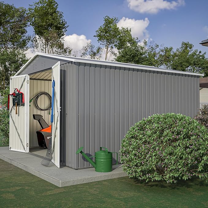 10X10 FT Outdoor Storage Shed,Metal Shed W/Lockable Doors,Air Vents & Sloped Roof,Garden Tool House W/Updated Frame Structure,for Backyard Patio Lawn,Gray