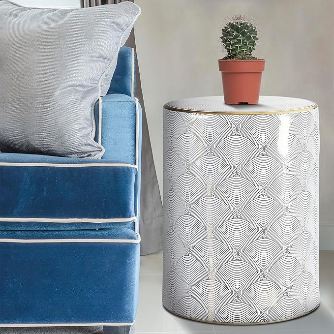 JONATHAN Y TBL1001A Fish Scale 17" Modern Ceramic Indoor/Outdoor Garden Stool, Coastal, Contemporary, Transitional, Side Table, Plant Stand, Spill-Proof, Living Room, Garden Room, Patio, White/Gold
