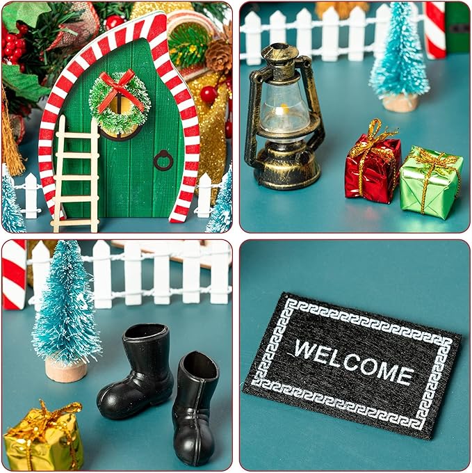 Haooryx Christmas Elf Garden Miniatures - 16Pcs Christmas Elf Magic Fairy Doors Decoration Kit Wooden Miniature Fairy Doors Wall Fairies Christmas Winter Xmas New Year Decor(Bevel Angle Doorframe)