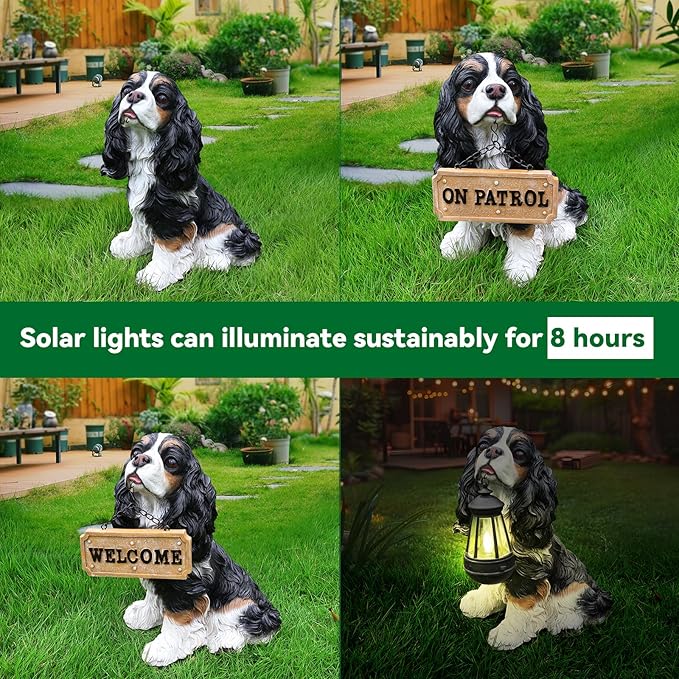 Cavalier King Charles Spaniel Statue Outdoor Decorations – Outdoor Dog Statue Black and White Cavalier King Charles Spaniel with Replaceable Solar Light & Welcome Sign for Lawn Décor