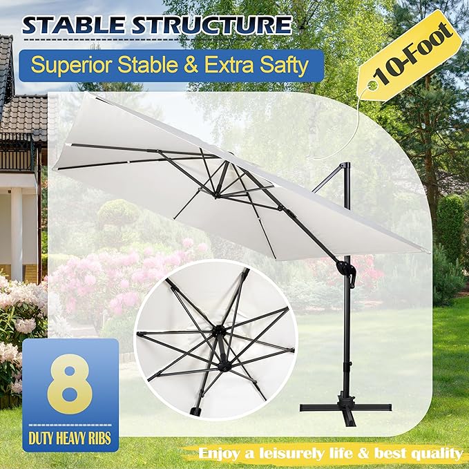 Sunnyglade 10x10Ft Cantilever Patio Umbrella Square 360° Rotation & Integrated Tilting System Offset Umbrella with 8 Sturdy Ribs, Fade-resistant & Waterproof for Garden Backyard Poolside Deck