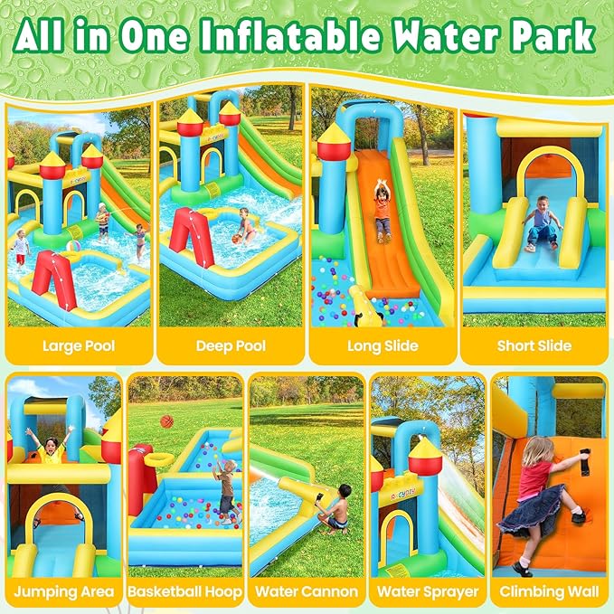 AKEYDIY Inflatable Water Slide Bounce House for Kids 3-12, Mega Water Bounce House Park w/ 2 Slides, Splash Pool & Deep Pool, Basketball Hoop, Water Cannon, 8 in 1 Backyard Water Park with Blower