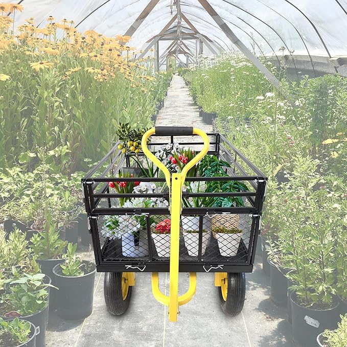 Heavy-Duty Steel Wagon Garden Cart – 1400 lbs Capacity, Removable Mesh Sides, 16" Tires, 2-in-1 Handle – Perfect for Garden, Farm, Yard, Black