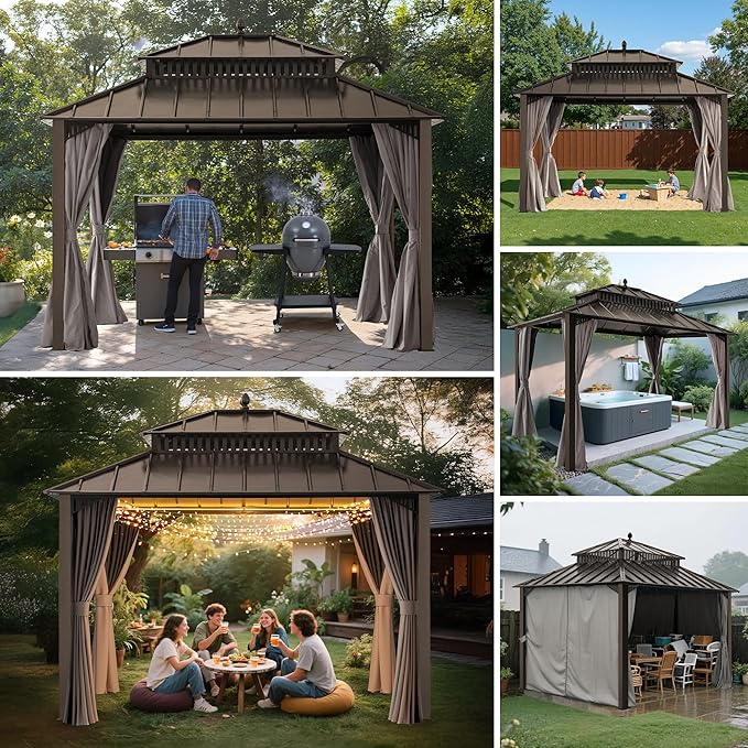 SUNJOY Kingston 12' x 10' Hardtop Gazebo with Galvanized Steel Double Roof, Curtain and Netting, Brown Aluminum Posts Permanent Pavilion Gazebo for Garden, Patio, Deck, Lawn