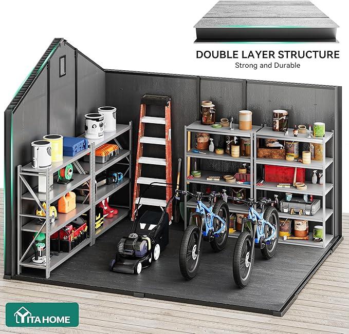 YITAHOME 8x10 FT Outdoor Storage Shed with Floor, Plastic Garden Shed for Bikes, Tools, and Pool Supplies, Outdoor Resin Shed with Lockable Doors, Windows, and Vents for Patio, Lawn, Backyard, Black