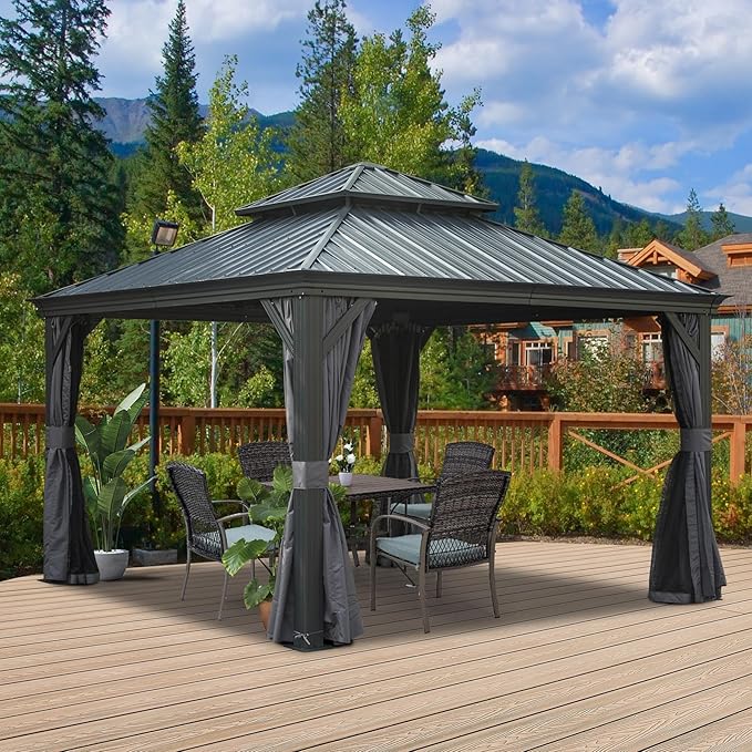 Domi 12' X 12' Hardtop Gazebo Outdoor Metal Gazebo with Galvanized Steel Double Roof Canopy, Aluminum Frame, Curtains and Netting for Patio, Deck, Garden, Grey