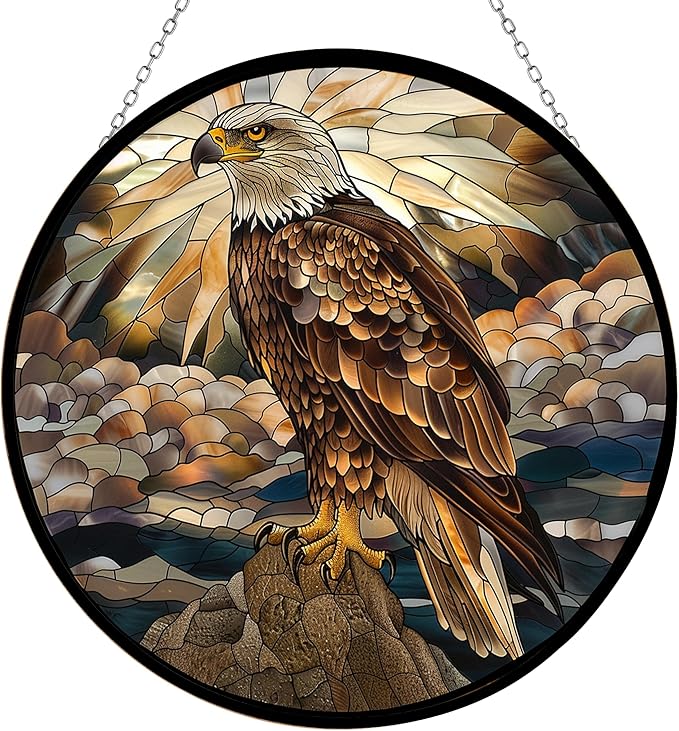 Eagle Stained Glass Window Hanging Window Suncatcher 12" Glass Panel with Metal Chain and Hooks Sun Catchers Indoor Wall Art Home Decor Gift for Women Mother's Day