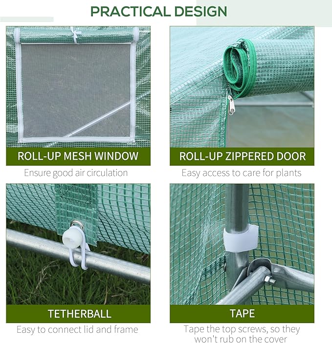 Outsunny 20' x 10' x 7' Walk-in Tunnel Greenhouse, Garden Warm House, Large Hot House Kit with 8 Roll-up Windows & Roll Up Door, Steel Frame, Green