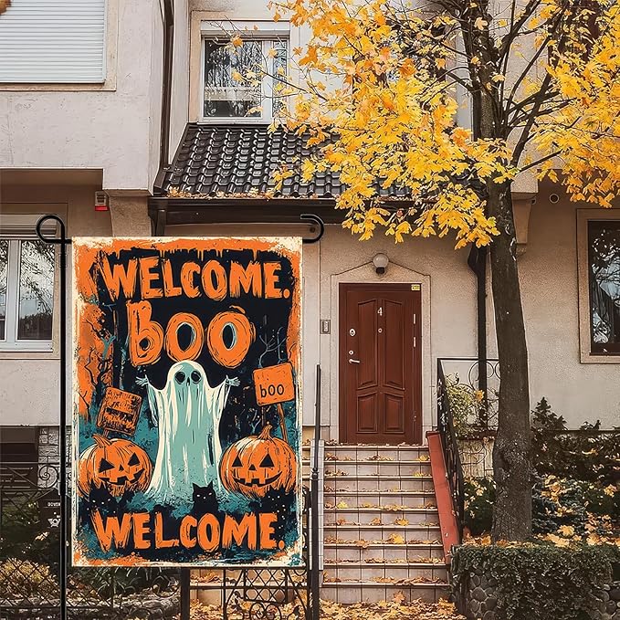 Halloween Welcome Garden Flag 12x18 Inch Double Sided Ghost Boo Welcome Flags Pumpkin Sign Spooky Tree Small Flag Yard Banner for Halloween Outdoor Decoration