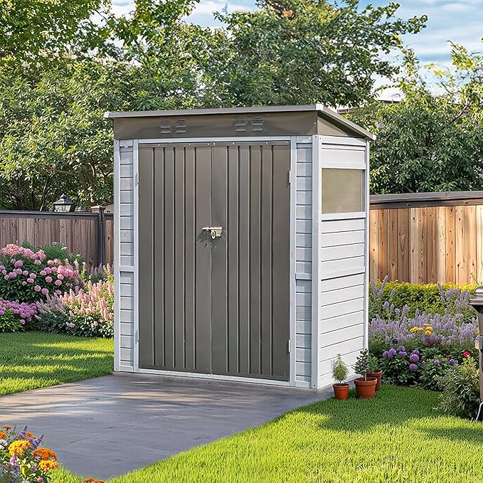 8x6 FT Outdoor Storage Shed, Wood Steel Utility Tool Shed Storage House with Door & Lock, Wooden Sheds Outdoor Storage for Garden Patio Lawn Poolside (Gray)