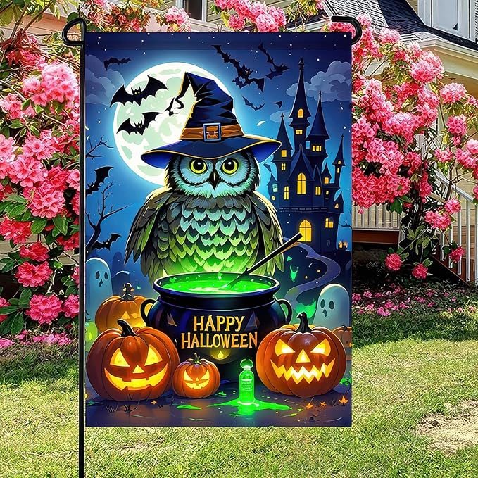 Garden Flags 12x18 Inch Halloween Garden Flag Fall Flags for Outside Vertical Double-Sided Owl Witch Cauldron Pumpkin Haunted Castle Outdoor Holiday Yard Banner for Porch Lawn Decoration