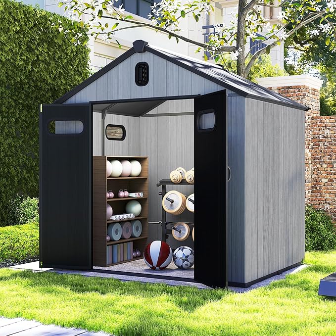 Domi 8×8ft Outdoor Resin Storage Shed - 387+ Cubic Ft Weatherproof Double-Wall Yard Shed with Skylight, Lockable Door and Carpet, Heavy-Duty Steel Frame Storage Building for Lawn Mower, Bike, Tools