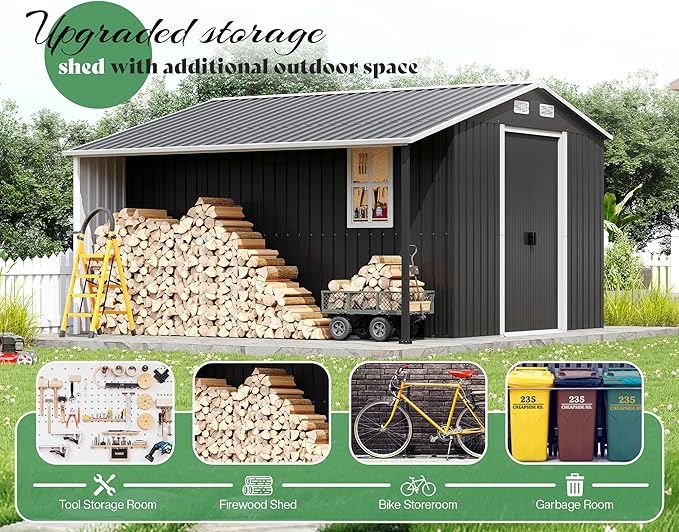 Jocisland Outdoor Storage Shed 10.6x10.3x6.3 FT, Rolling Door Shed with Dual 4-Pane Windows for Wood Storage, Dark Grey/White