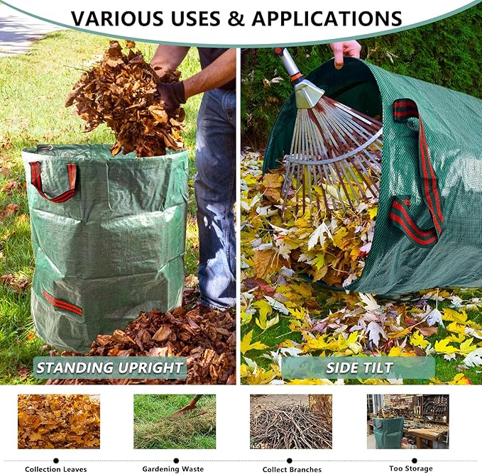 2 Pack 32 Gallon Reusable Yard Waste Bags (Green + Black), Collapsible Heavy Duty Lawn & Leaf Bags with Reinforced Handles for Leaf Collection, Yard Cleanup, Storage