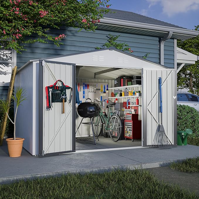 10X8 FT Outdoor Storage Shed, All Weather Metal Sheds with Lockable Doors, Tool Shed for Garden, Patio, Backyard, Lawn, White