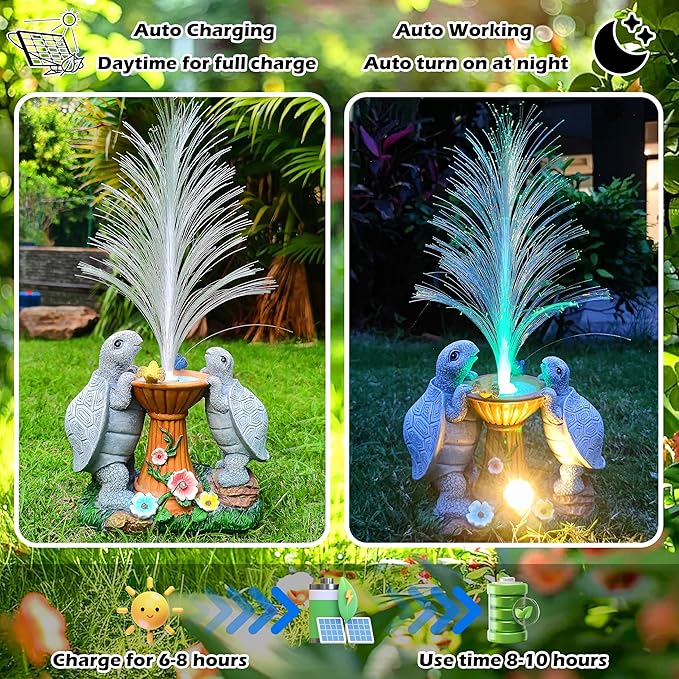 Solar Turtle Garden Statues with LED Lights, Resin Turtles Figurine Outdoor Decorations Colour Changing Optical Fiber Solar Light, Outside Art Decor for Lawn,Yard, Unique Housewarming Gifts