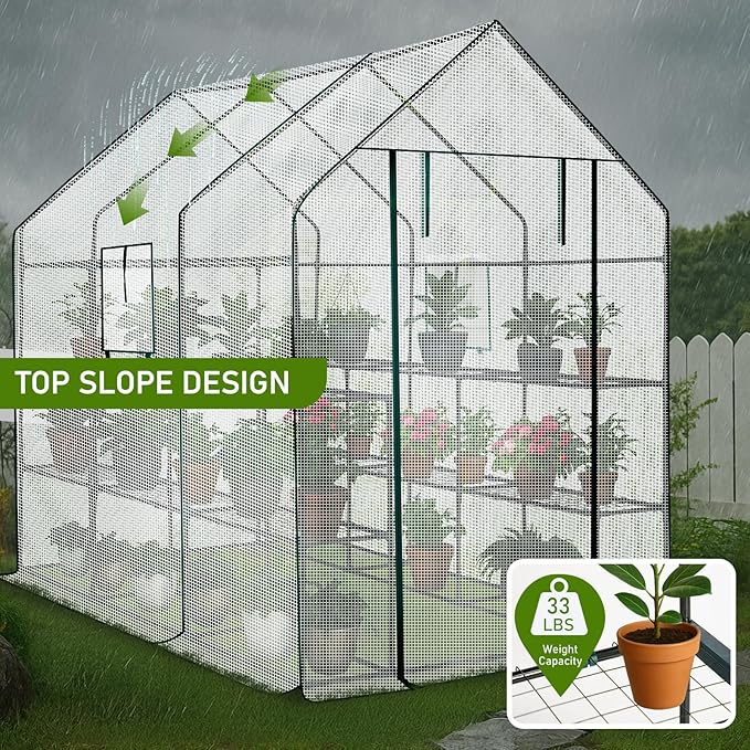Outvita Walk-in Greenhouse, Outdoor Durable PE Plant Green House for Frost Protection with 3 Tiers 12 Shelves, Shelf Clips, Roll-up Zipper Door, 56"x85"x77" White