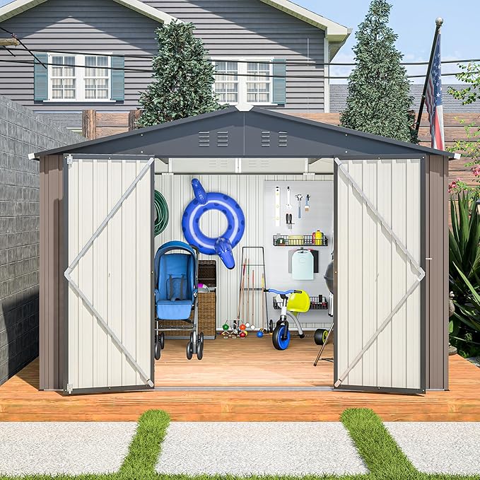 10x10 FT Outdoor Storage Shed, Large Metal Garden Shed with Lockable Hinged Doors, Outside Tool Shed with Sloped Roof & 4 Air Vents, Waterproof Storage Building for Backyard, Patio, Lawn, Brown