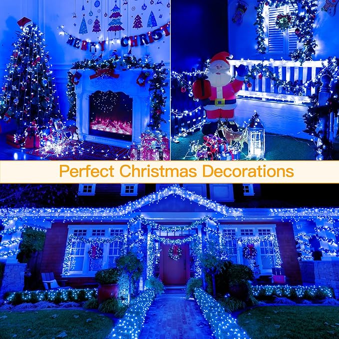 Ollny Blue Christmas Lights Waterproof, 400LED 131FT String Lights with Remote 3 Timer, Plug in 8 Modes Fairy Light for House Xmas Tree Bedroom Indoor Outside Decorations