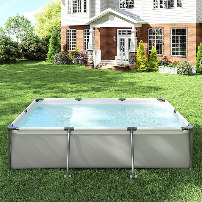 GYMAX 10' x 6.8' x 26" Metal Frame Above Ground Swimming Pool, Outdoor Backyard Famliy Pool w/Puncture-Resistant Fabric, Drainage Valve Connector for Kids & Adults (10' x 6.8' x 26", Rectangle, Grey)