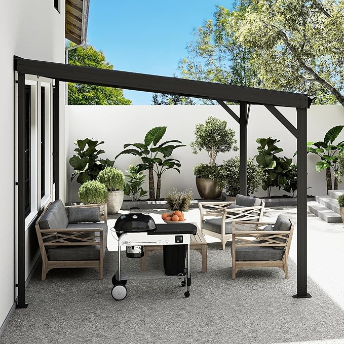 Domi 10’x12’ Lean-to Gazebo, Hardtop Wall-Mounted Gazebo Pergola with Sloping Galvanized Steel Roof and Upgraded Drainage System, Outdoor Permanent Metal Shelters for Patio Backyard Deck, Grey