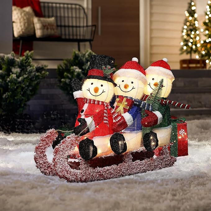 LuxenHome 20" H Lighted Snowman Outdoor Christmas Decorations, Prelit Frosted Snowman Family Trio on Sled Christmas Decor, Illuminated Christmas Decorations Outdoor and Indoor for Yard, Lawn, Porch