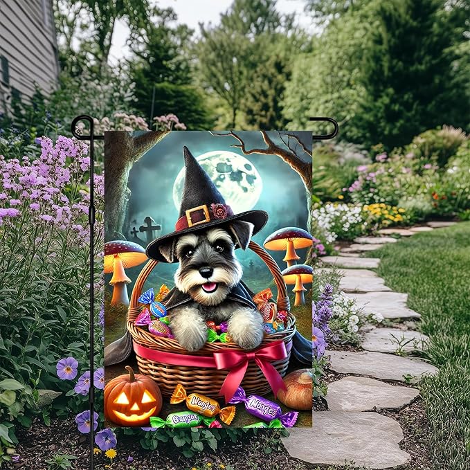 Halloween Cute Garden Flag 12x18 Inch Candy Witch Dog Basket Flag Outdoor Yard Decoration House Banner Porch Lawn Patio Home Decor