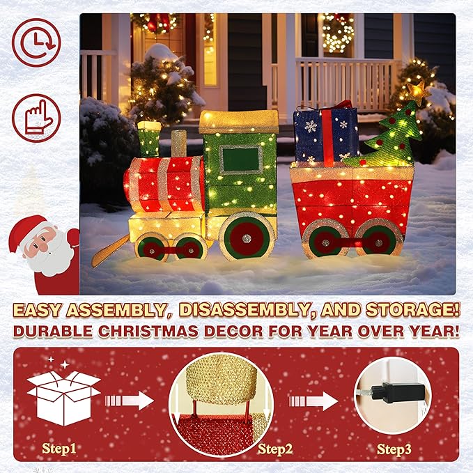 VEIKOU 5FT Outdoor Christmas Decorations Train Set with 170 LED Lights, Christmas Decorations Outside, Lighted Train for Holiday Yard Decorations