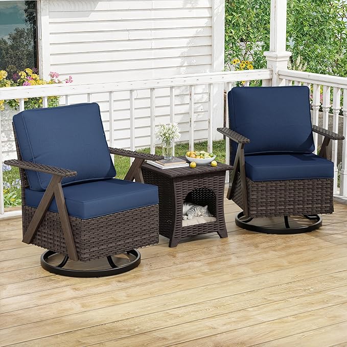 Outdoor Swivel Rocker Chairs, 3 Pieces Wicker Swivel Patio Chair with Rattan Side Table, Patio Furniture Set for Outside Porch Deck