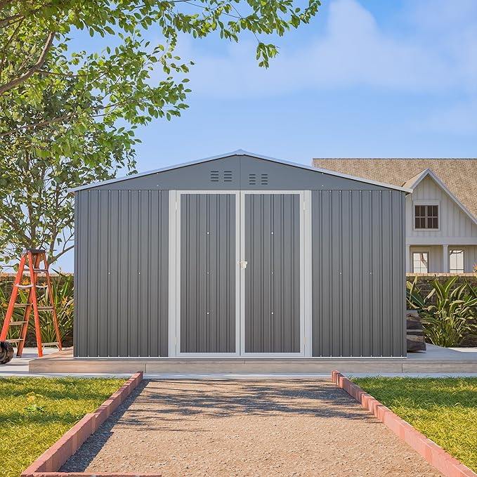 11x13 FT Outdoor Metal Storage Shed with Floor Frame, 140.5 sq.ft Heavy-Duty Garden Tool Shed with Double Doors, Waterproof Roof, All-Weather Steel Utility Shed for Backyard, Lawn, Patio
