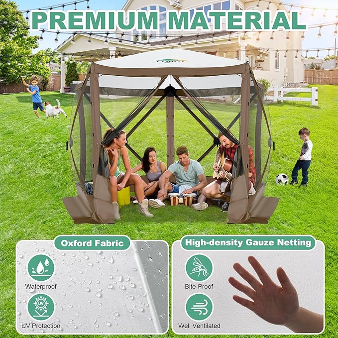 COBIZI 10x10ft Pop up Gazebo Screen House Tent for Camping, Pop-up Camping Canopy with Mesh Windows,Portable Outdoor Quick-Set Hub Tent with Carrying Bag&Ground Stakes,Brown(Upgraded 2.0)