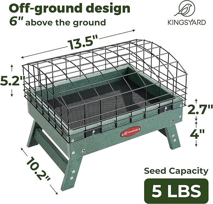 Kingsyard Squirrel Proof Ground Bird Feeder for Outdoors - Recycled Plastic Platform Feeding Station, Fly-Through Metal Caged Wild Bird Feeder for Small Birds, 5 LBS Large Capacity, Green