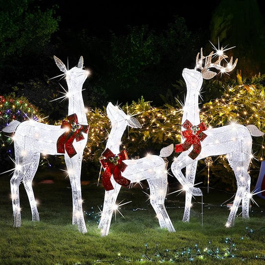 Lulu Home Christmas Yard Decoration, Set of 3 Pre-lit White Reindeer with 265 LEDs White Lights, 3D Light Up Glittered Standing Reindeer Family for Xmas Lighted Holiday Display Indoor Outdoor