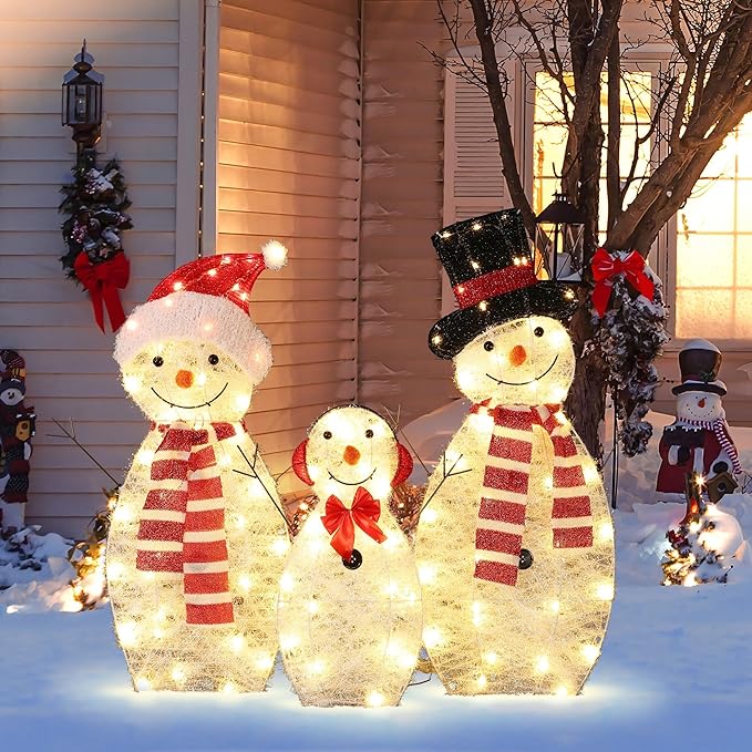 LuxenHome 30" Lighted Snowman Family Outdoor Decorations, 2D Flocked Snowman Family Holiday Decorations Outdoor and Indoor Holiday Display, Christmas Yard Decorations with 100 LED Lights