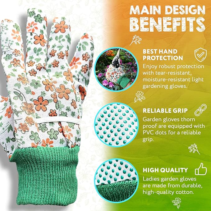 Floral Gardening Gloves for Women, 9 Inch. 6 Pairs Cotton Work Gloves with Knit Wrist. Gardening Gifts for Women