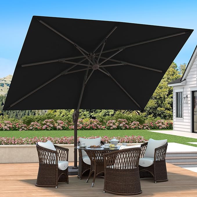 9' X 12' Cantilever Patio Umbrella with Base Included 360°Rotation Rectangular Outdoor Large Offset Umbrellas Heavy Duty Windproof for Garden Deck Pool, Black